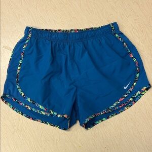 Nike Women's Teal-Blue Athletic Shorts with Neon Multicolor Trim Size L